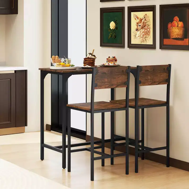 Costway 3 PCS Bar Table Set Pub Dining Table & 2 Bar Stools with Backrest & Footrest Gray/Brown