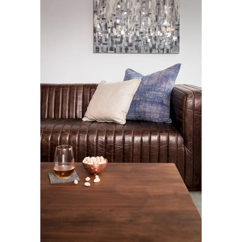 Modern Channel-Stitched Top-Grain Leather Sofa, 3-Seater