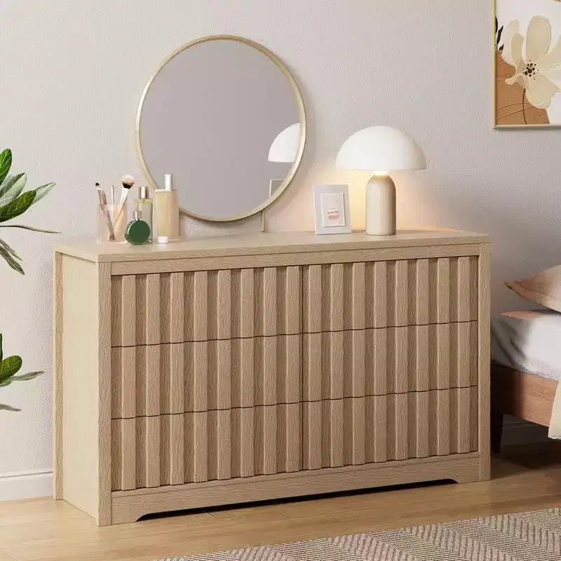 Fluted Dresser for Bedroom with 6 Drawers, 54 Wide Modern Chest of Drawers with Curved Profile, Natural Oak Drawer Organizer
