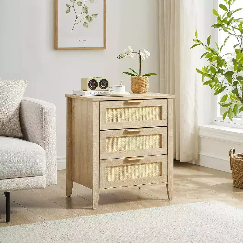Rattan Nightstand, Boho Nightstand with 3 Natural Rattan Drawers, Bedside Table with Sturdy Wood Legs for Bedroom, Living Room, Natural