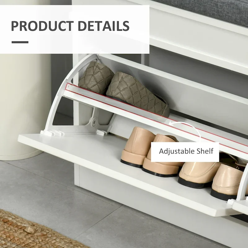 Flip-Door Shoe Bench with Cushion Seat – White, 2-Drawer, Holds 8 Pairs, 1-Person Seating
