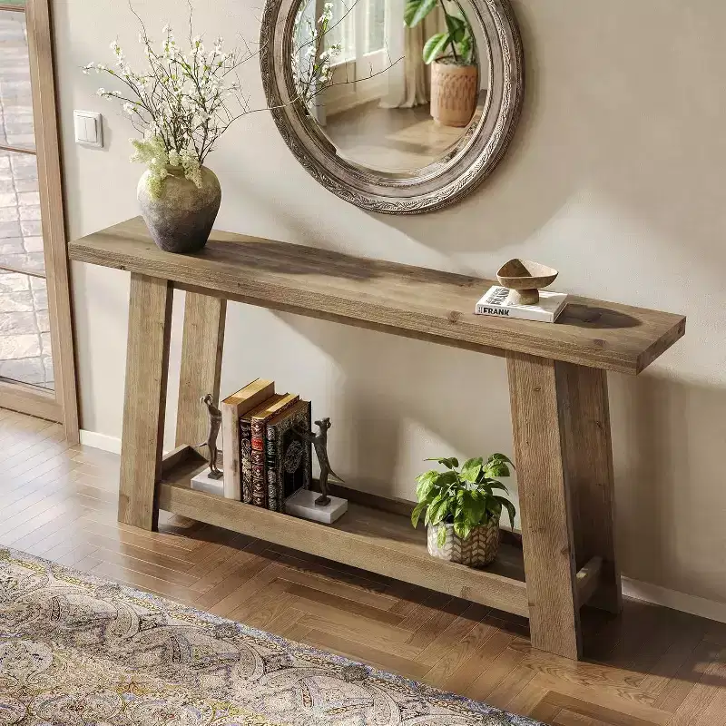 63 Solid Wood Console Tables, 2-Tier Farmhouse Entryway Table, Narrow Sofa Table Behind Couch for Living Room, Hallway, Foyer