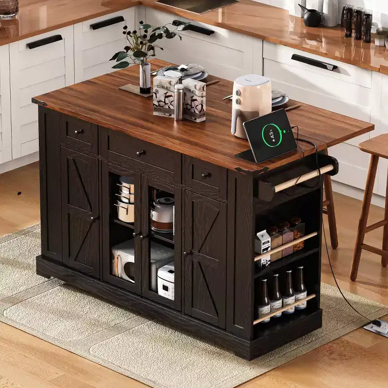 Kitchen Cart with Tempered Glass Doors, Side Racks, Power Outlet, and Drop Leaf