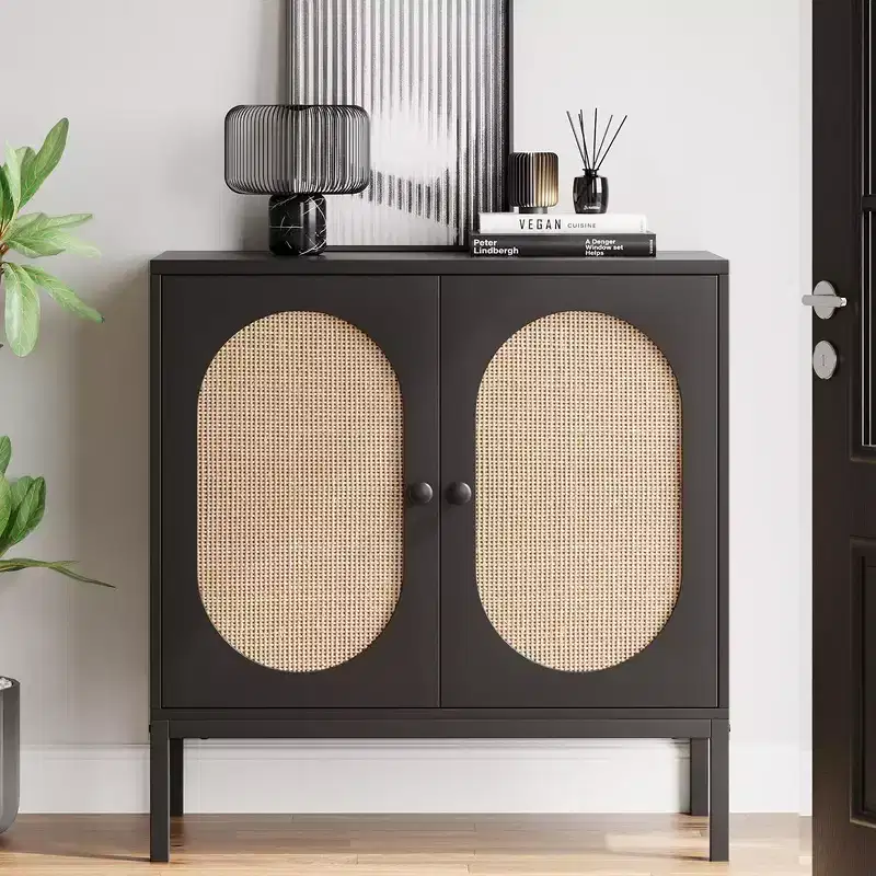 Buffet Cabinet, Rattan Storage Cabinet with Doors and Shelves