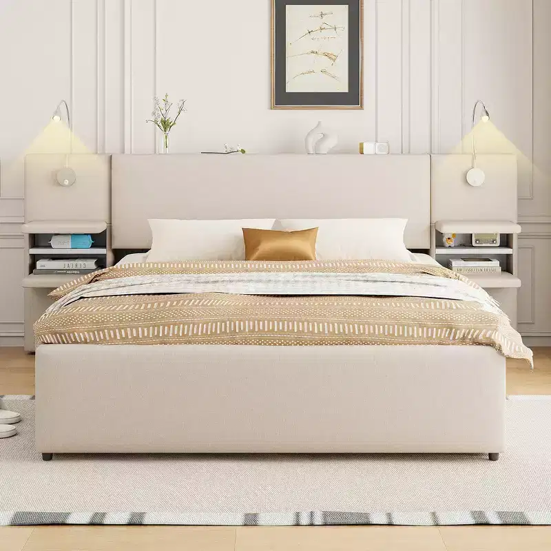 Upholstered Queen Platform Bed with Storage Drawers, Shelves, Trundle & Reading Lights