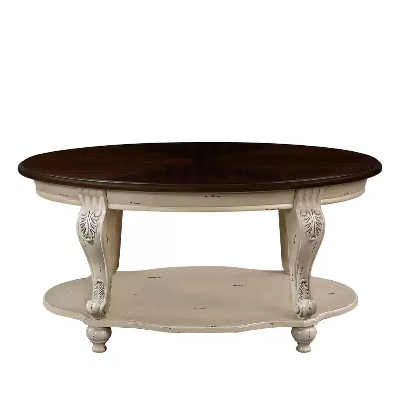 42'' Oval Wood Coffee Table with 2-Tiers and Open Storage Shelf for Living Room, Beige and Espresso Top