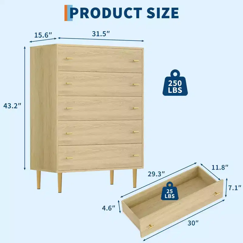 Farmhouse 5 Drawers Dresser for Bedroom, 44 in Tall Dresser Wood Rustic Chest of Drawers with Large Drawers & Bar Handles,Drawer Organizer for Living