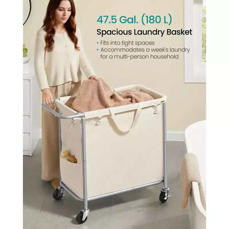 47.5-Gallon Rolling Laundry Hamper with Removable Liner – Wheeled Basket with Brakes, Cream White