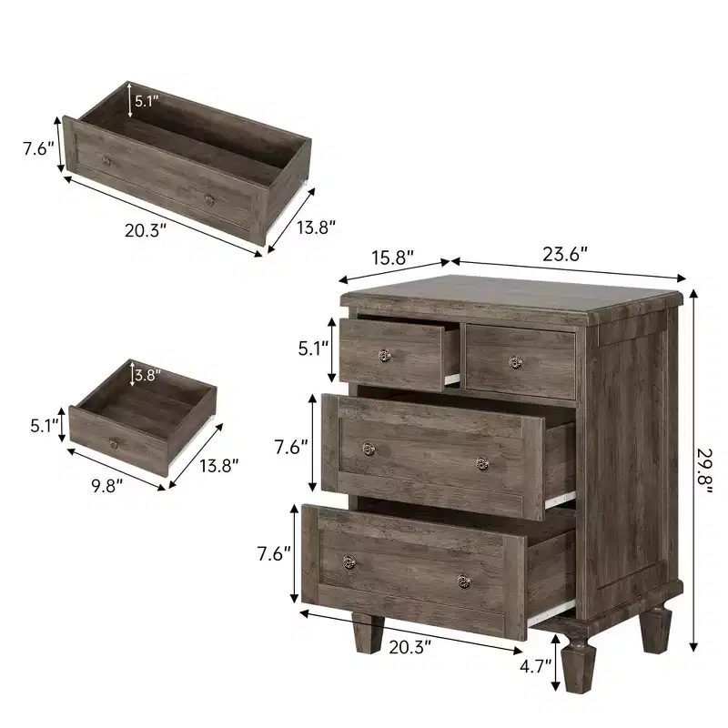 4 Drawer Dresser for Bedroom, Vintage Dresser with Carved Handles and Tapered Legs Design, Wood Chests of Drawers with Large Capacity Storage