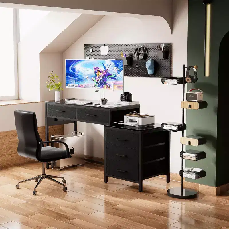 Home Office Desk with File Drawers and Charging Station