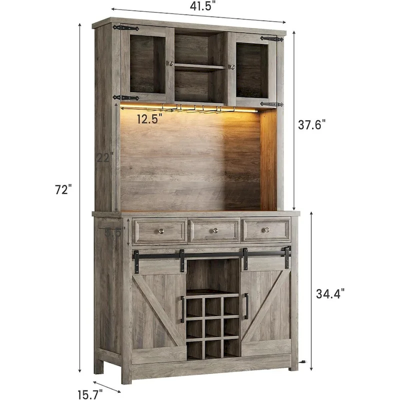 Modern Farmhouse Coffee Bar Cabinet with LED Lights & Power Outlets, Kitchen Cabinet