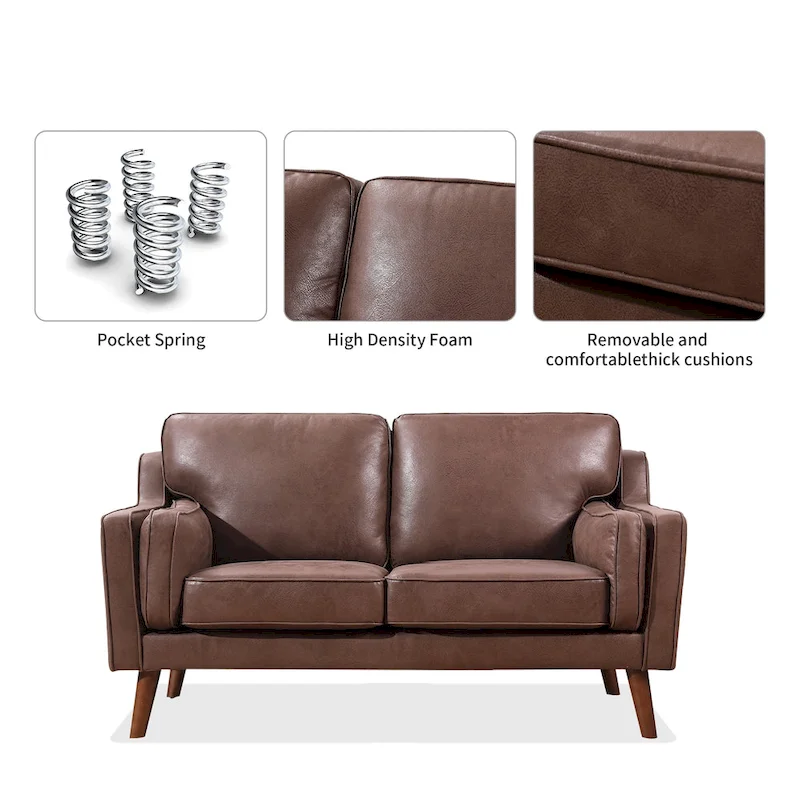 Mid-Century Leather Sofa Loveseat with 5.9 Upholstered Cushion
