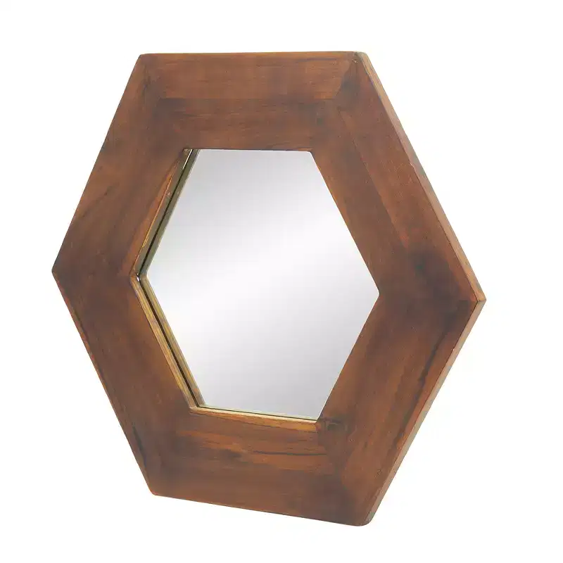 18.5x18.5 in Hexagon Wall Mirror – Solid Teak Wood Frame, Dark Brown