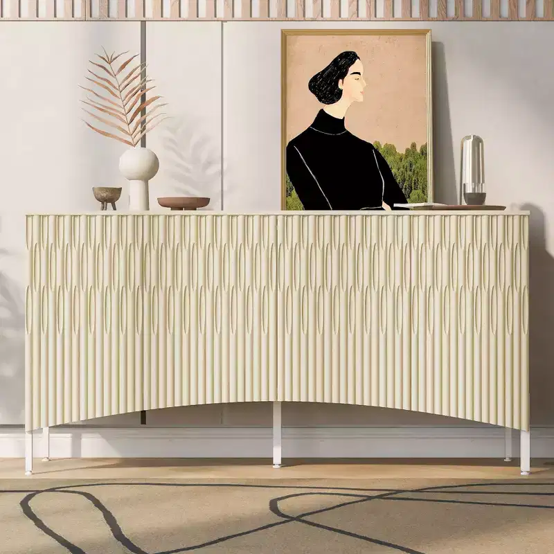Sophisticated Sideboard Buffet, Storage Cabinet with 4 Intricate Linear Doors, Coffee Bar Cabinet for Dining Room Living Room Entranway