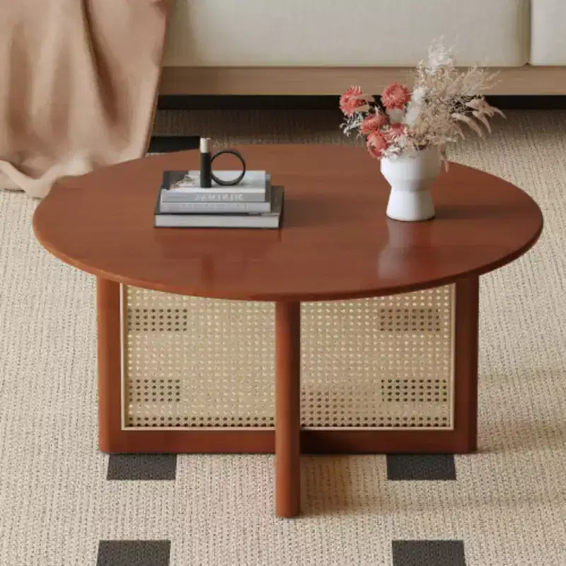 A Natural And Elegant Deep Red Wooden Coffee Table With Artificial Rattan Decorations