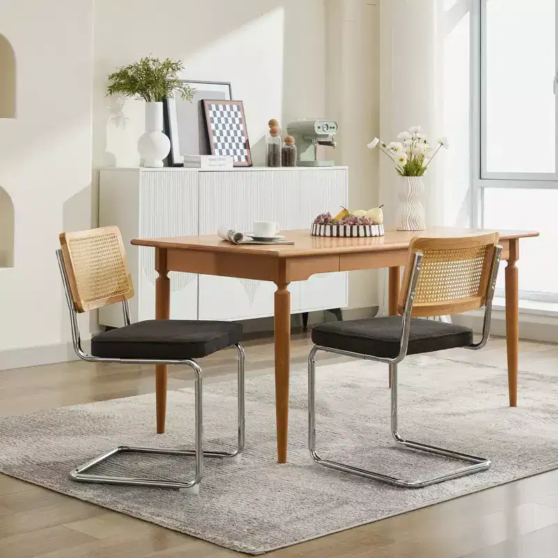 TUYOHW 2Pcs Modern Dining Chairs,Soft Linen Dining Room Chairs,Sturdy Side Chairs with Stainless Chrome Base & Rattan Back,360lbs Capacity