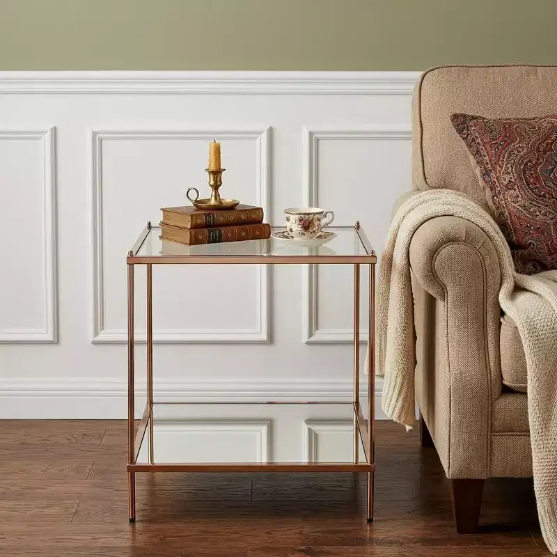HomeRoots 22 Clear And Gold Glass And Iron Square End Table With Shelf