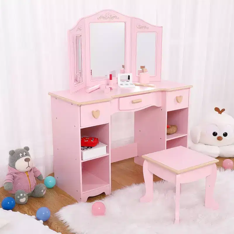 COZONY Kids Vanity Table and Stool Set - Pink Girls Dressing Desk with Mirror, Drawers & Storage Shelves