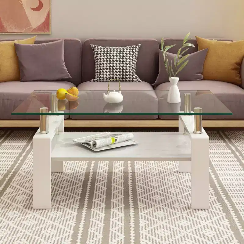 Fun little toys brand Rectangle Coffee Table, Tempered Glass Tabletop with MDF Layer, Modern Table for Living Room , Transparent Glass