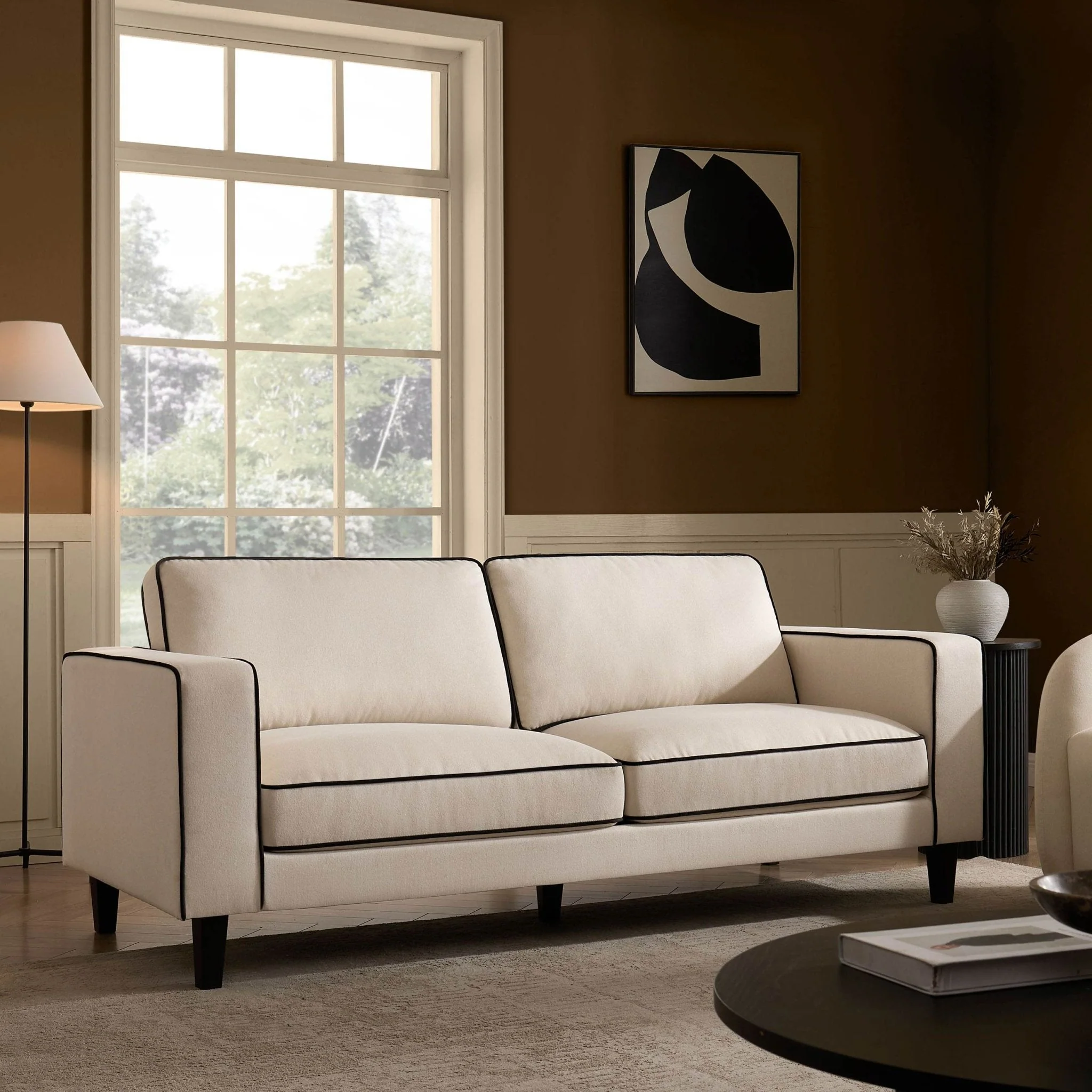 3 Seater Sofa - Cream Linen/Black