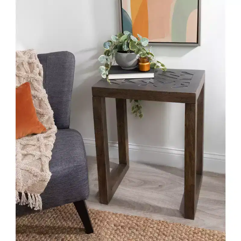 Boho-Chic Engraved Solid Mango Wood Side Table, 20x14x26, Gray Wash