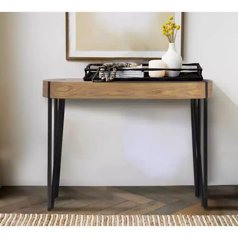 Brown & Black Wood Console Table with Iron Hairpin Legs (1 Person Assembly)