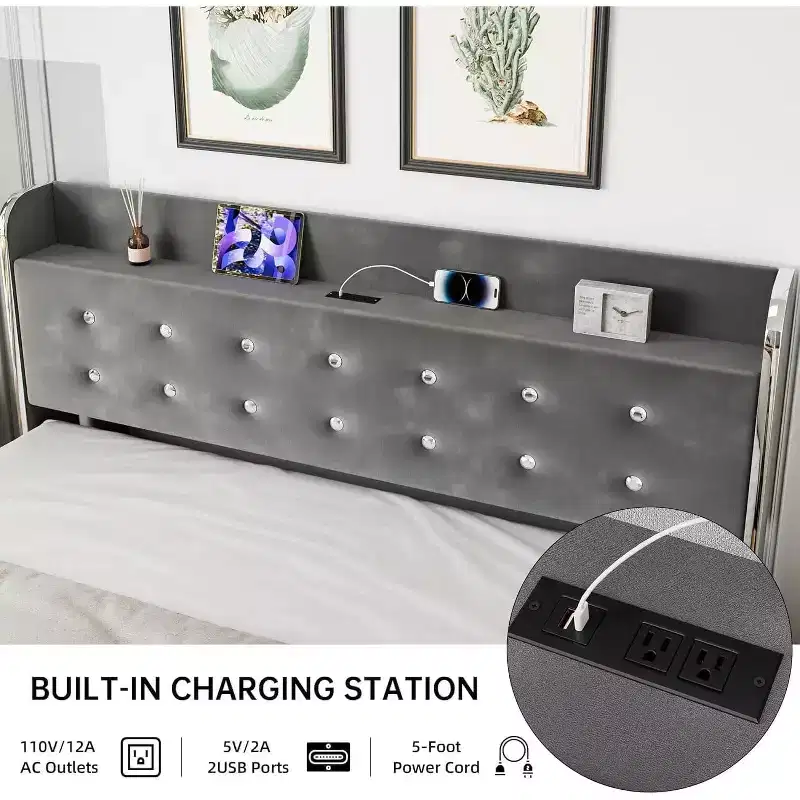 Full Bed Frame with 4 Storage Drawers, Velvet Upholstered Platform Bed Frame, Wooden Slats Support, No Box Spring Needed, 1000lbs Support, Gray