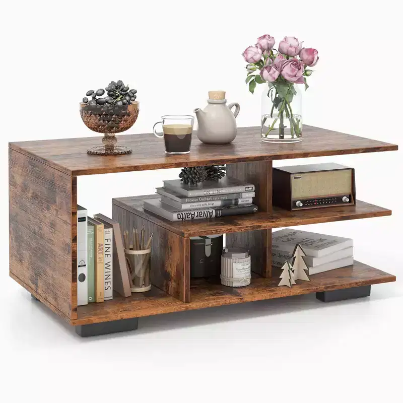 Coffee Table w/ L-shaped Middle Shelf for Living Room Rustic Brown
