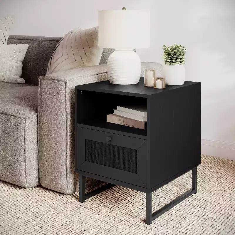 Mid-Century Modern Nightstand or End Table with Rattan Accented Drawer, Open Upper Shelf, and Metal Legs