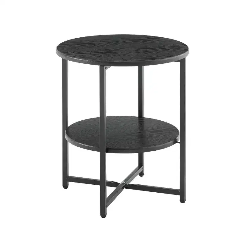 Homy Casa Round 2-Tier End Table with Metal Frame and Wood Shelves, Black Oak
