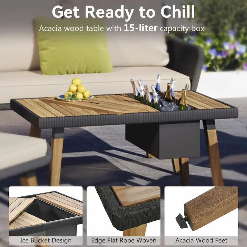 6-Piece Rope Patio Furniture Set with Acacia Wood Cool Bar Table