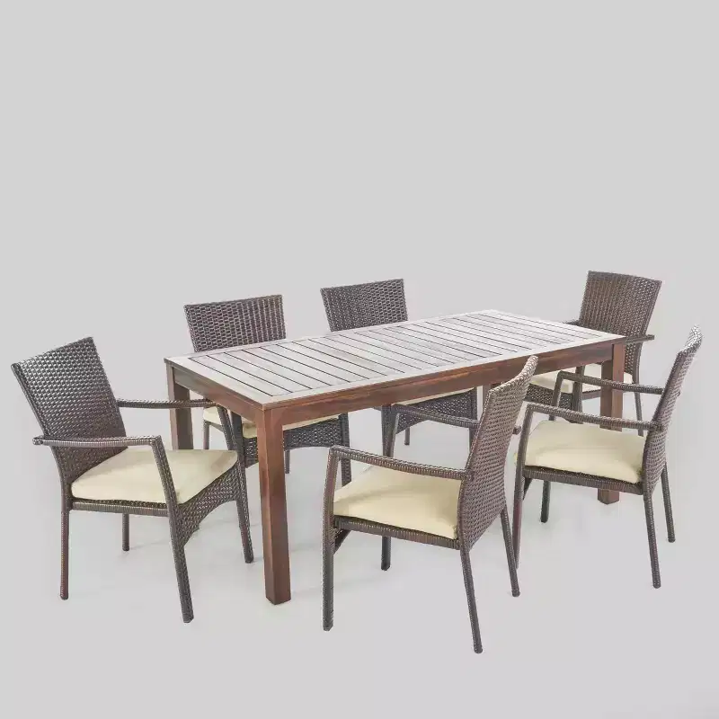Geelong 7pc Acacia Wood & Wicker Patio Dining Set - Brown - Christopher Knight Home: Includes Cushions, Galvanized Steel Hardware