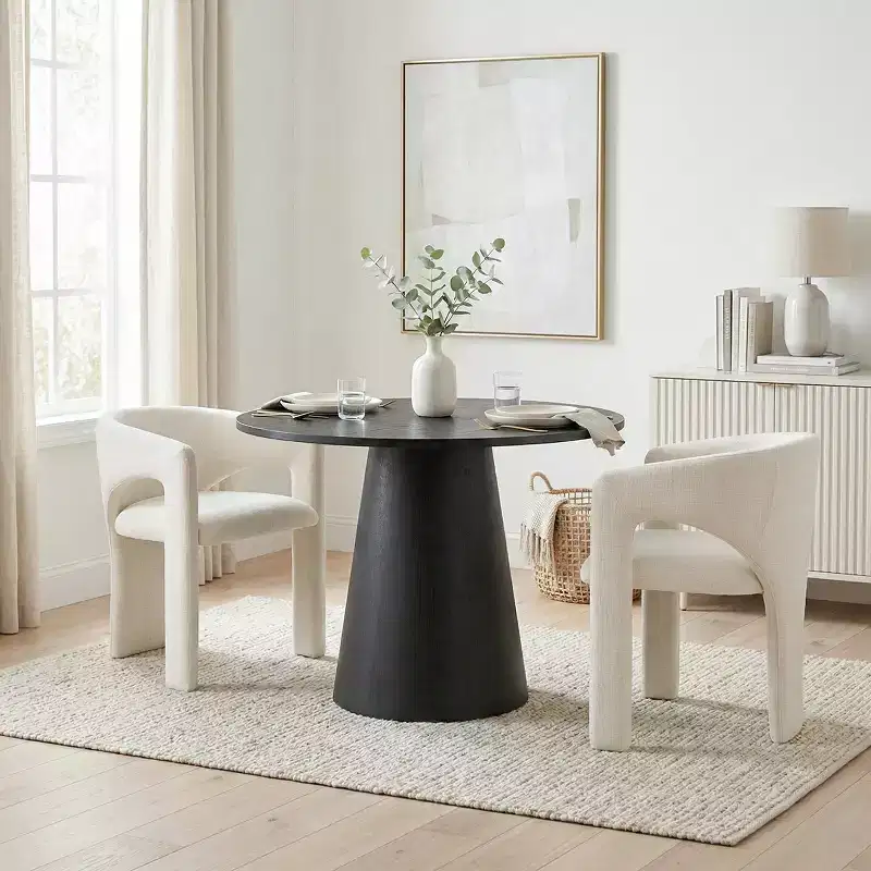 Small Dining Table Set for 2, Beige Upholstered Chairs, Round Pedestal Dining Table, Compact Modern Kitchen Furniture-Panipeachy