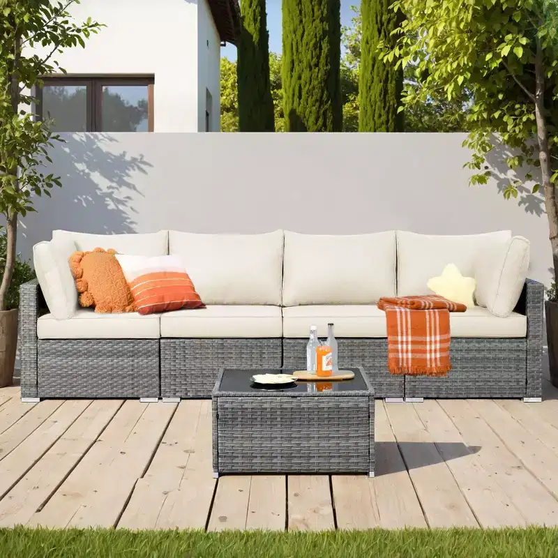HOMLUX 5 PCS Patio Seating Conversation Sets Outdoor Modular Sectional Sofa Set for Deck Yard Balcony Garden