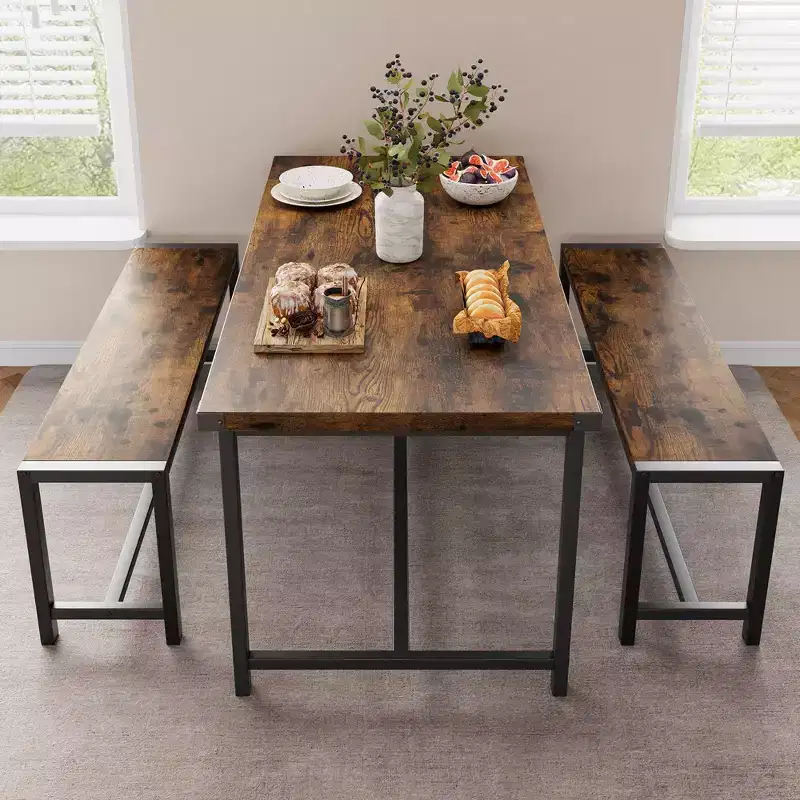 Garvee Dining Table Set for 4, Kitchen Table with 2 Benches, 3 Piece Dining Table Set for Small Space, Apartment, Studio, Rustic Brown