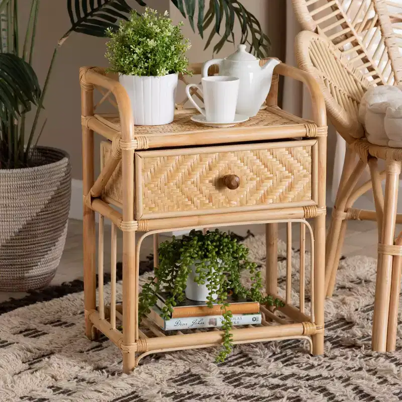 Modern Bohemian Natural Brown Rattan 1-Drawer Nightstand