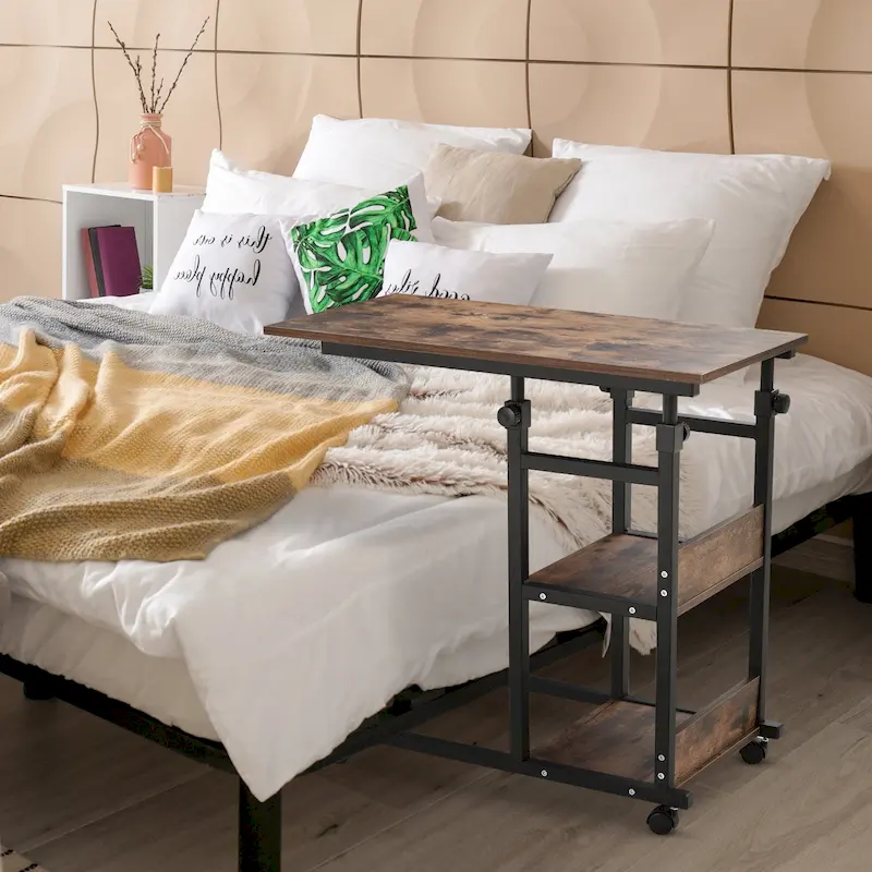 Industrial C-Shaped Mobile Rolling Side Table – 3-Tier Storage, Adjustable Height
