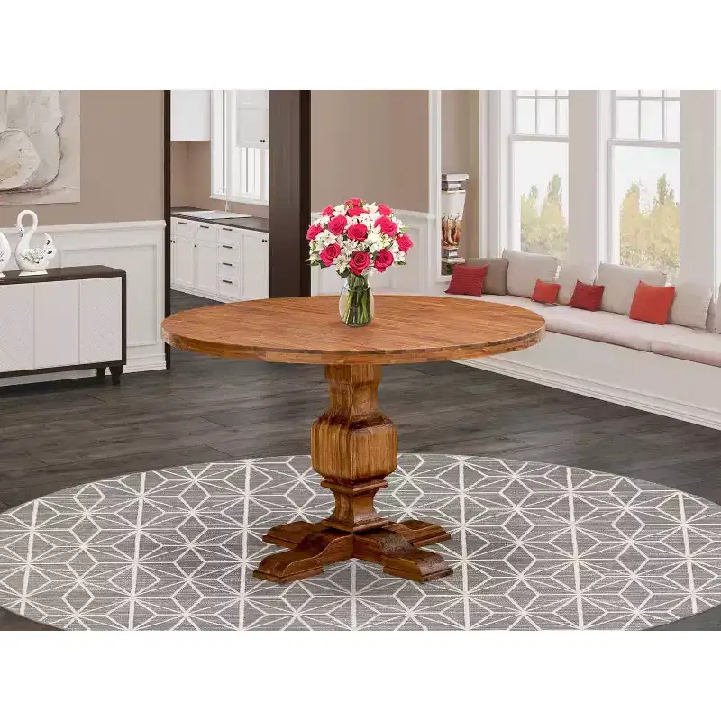 HomeStock Round Dining Table Pedestal Sandblasting Walnut Finish 48 Inch