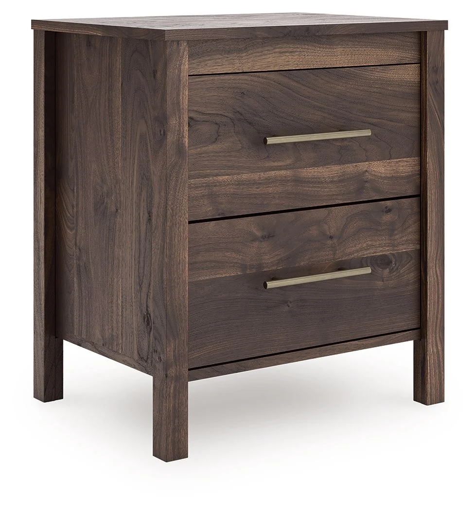 Nightstand S d with a rich finish over replicated walnut wood grain, paired with a goldtone