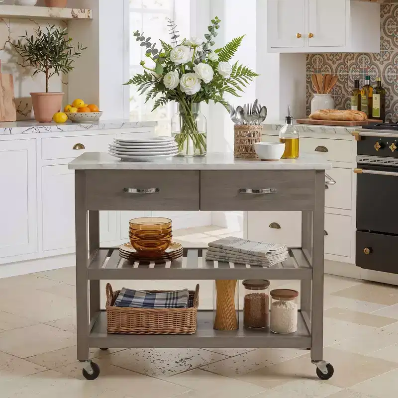 Rolling Kitchen Cart with Marble Top Solid Wood Kitchen Island Cart with 2 Drawers 3-Tier Kitchen Trolley with Lockable Detachable Wheels & Towel Rack
