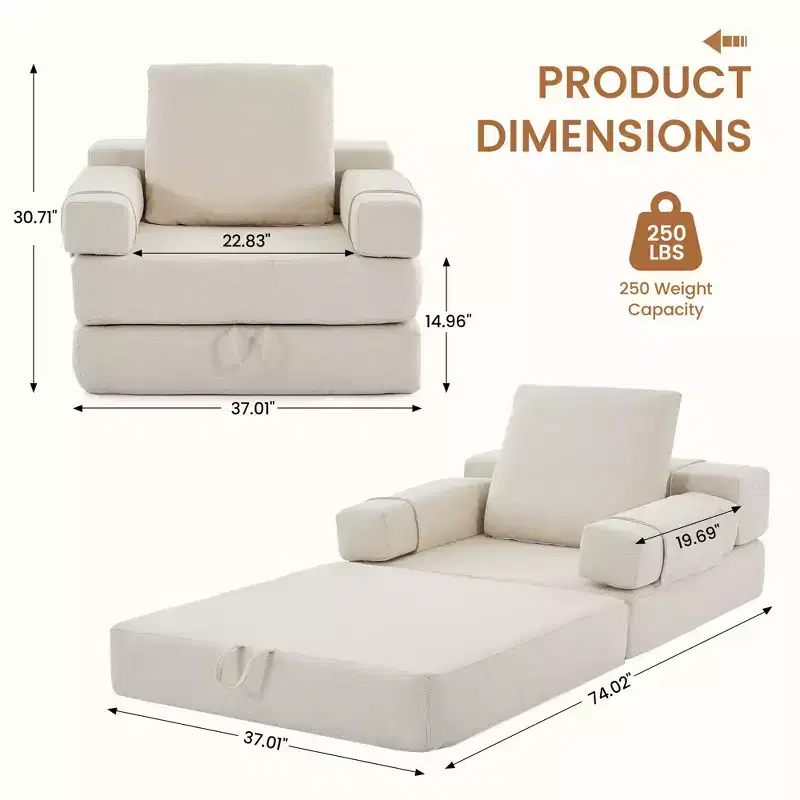 Fold-Down Convertible Sleeper Sofa Chair with Removable Armrests & Washable Cover