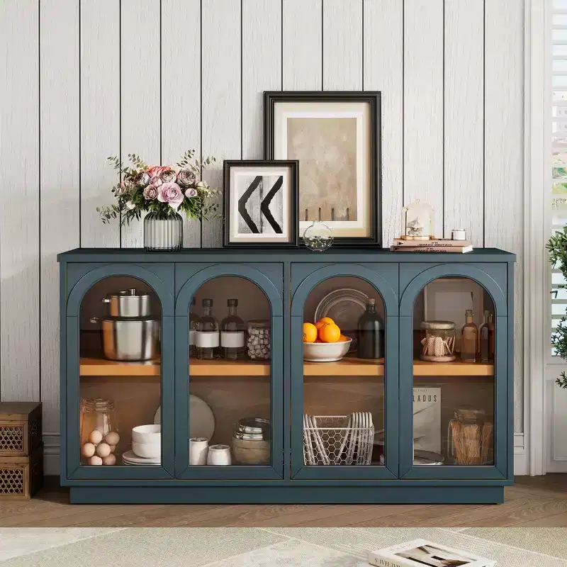 GDFStudio Henley 4-Door Buffet Cabinet with Arched Glass Doors and Adjustable Shelves