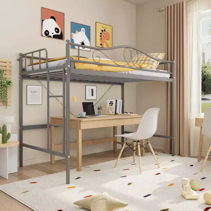 Single loft bed  Heavy-duty metal frame, removable ladder, full-length safety rails, 400 lbs weight capacity, no mattress base required