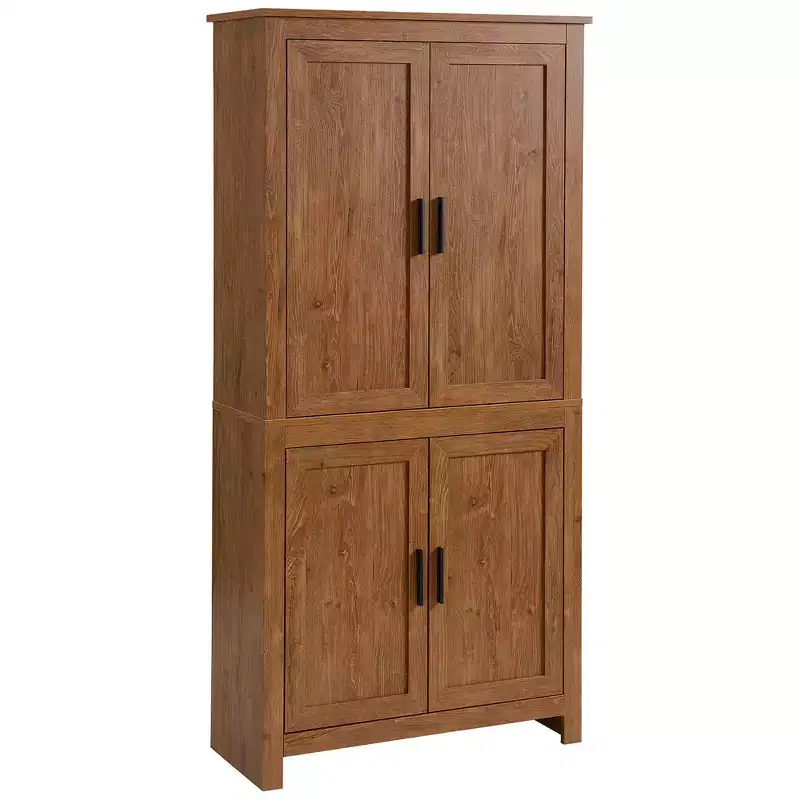 64 4-Door Kitchen Pantry, Freestanding Storage Cabinet with 3 Adjustable Shelves for Kitchen, Dining or Living Room, Oak