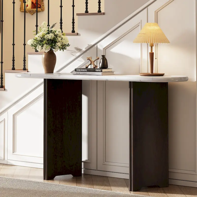 Oval Faux Marble Top Console Table Entryway Table, Narrow Sofa Table Hallway Accent Table with Triangular Base