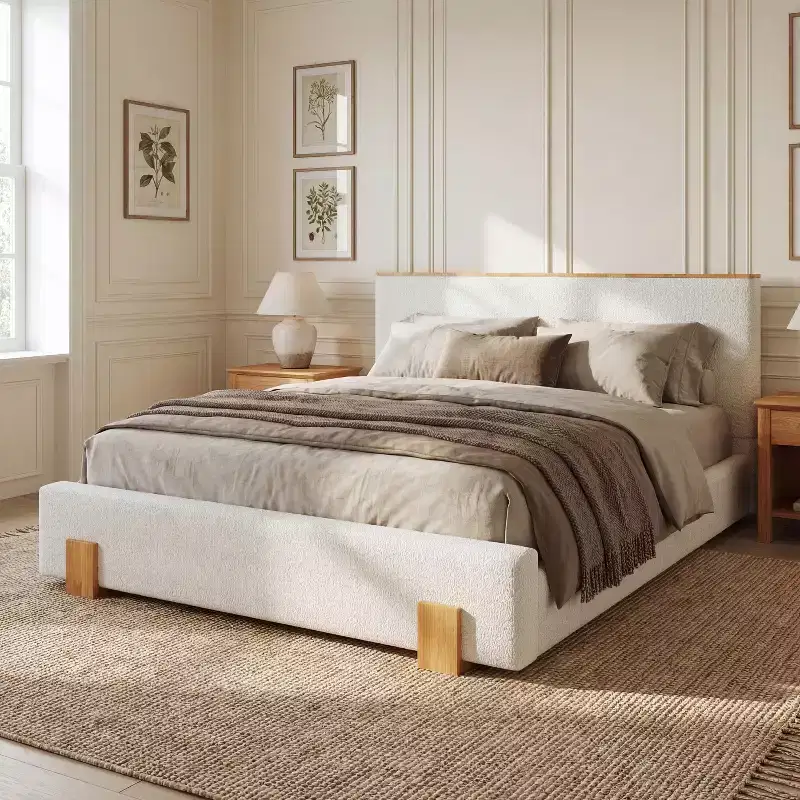 Modern Minimalist Boucle Upholstered Platform Bed with Headboard