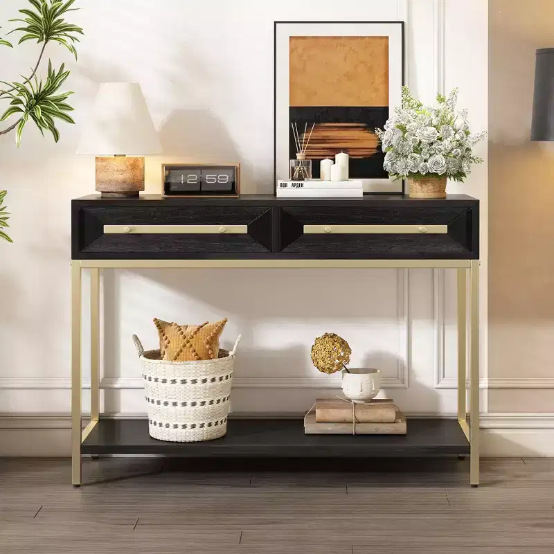 MAYEERTY Console Table with Two Drawers Retro Striking Geometric Design for Living Room Black