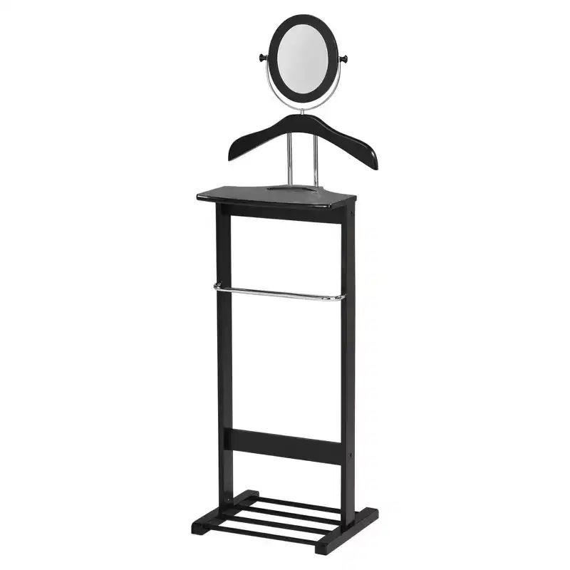 Furniture - Wardrobe Wood Suit Valet Stand, Clothes Trouser Bar Rack, Tie, Belt Hanger and Shoe Rack, Black/Chrome