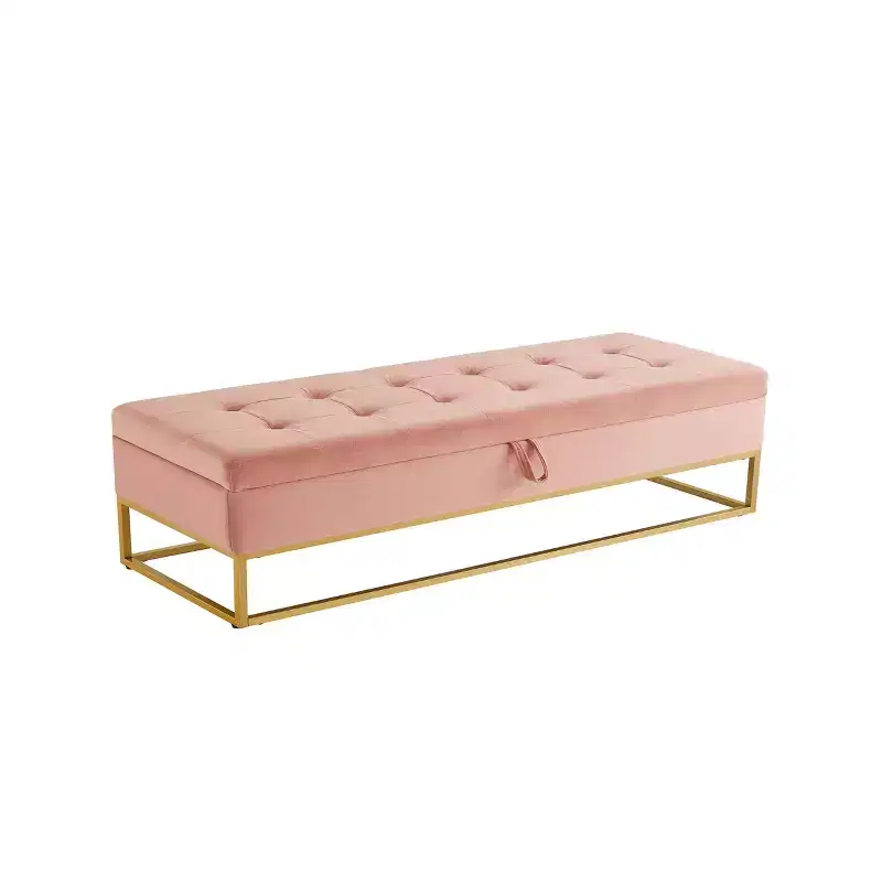 Metal Base Storage Velvet Bench, Bed Bench for Living Room, Pink