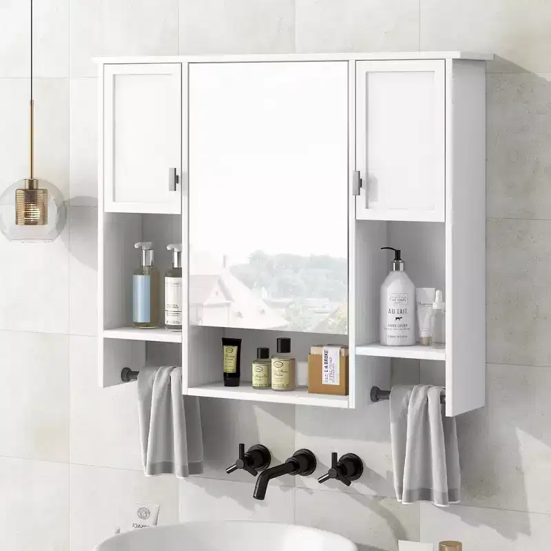 MAYEERTY 28.7 Wall Mounted Bathroom Mirror Cabinet with Concealed Storage 6 Open Shelves Medicine Cabinet White